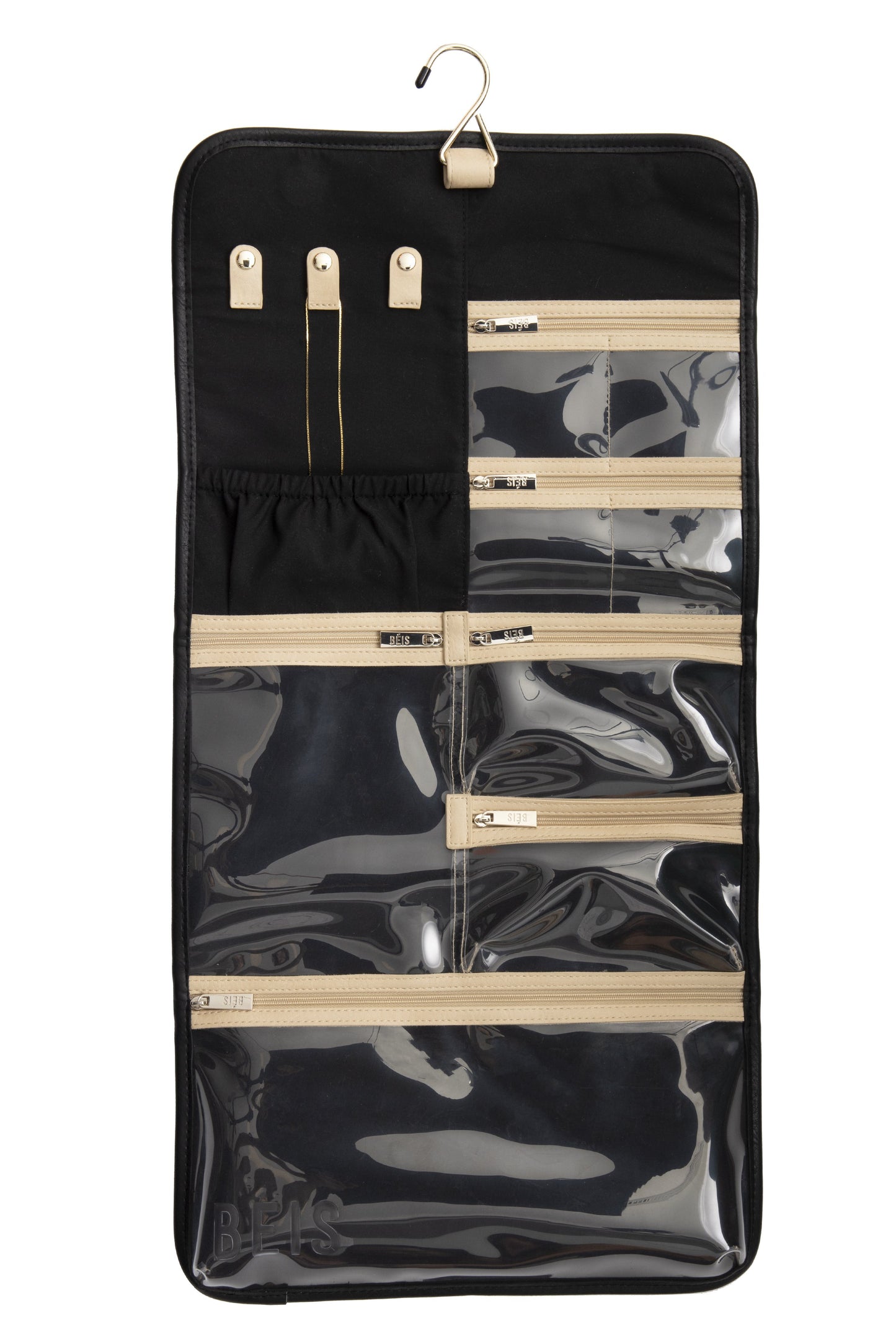 Hanging Jewelry Case in Black, opened showing all compartments