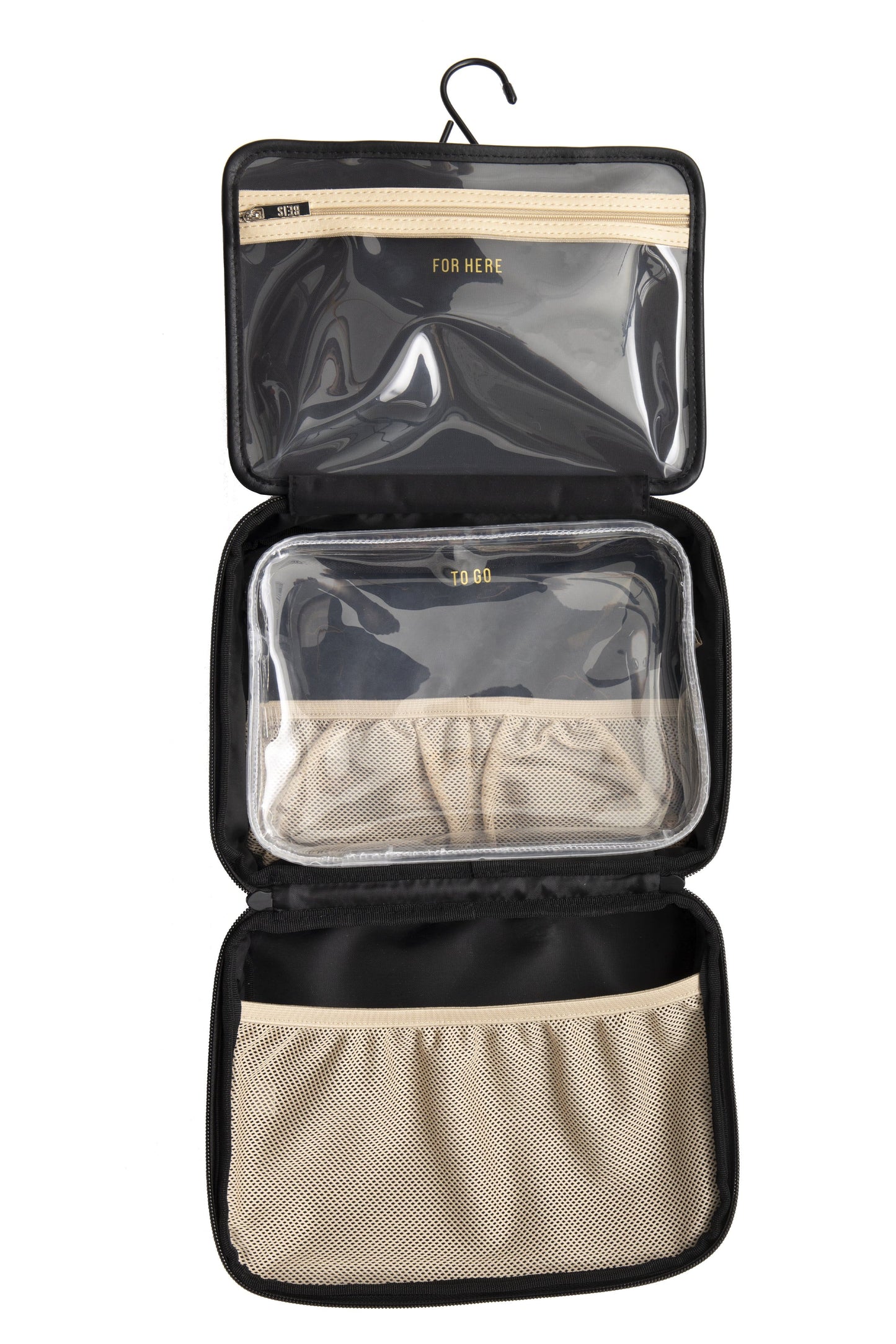 Hanging Cosmetic Case, opened showing all compartments