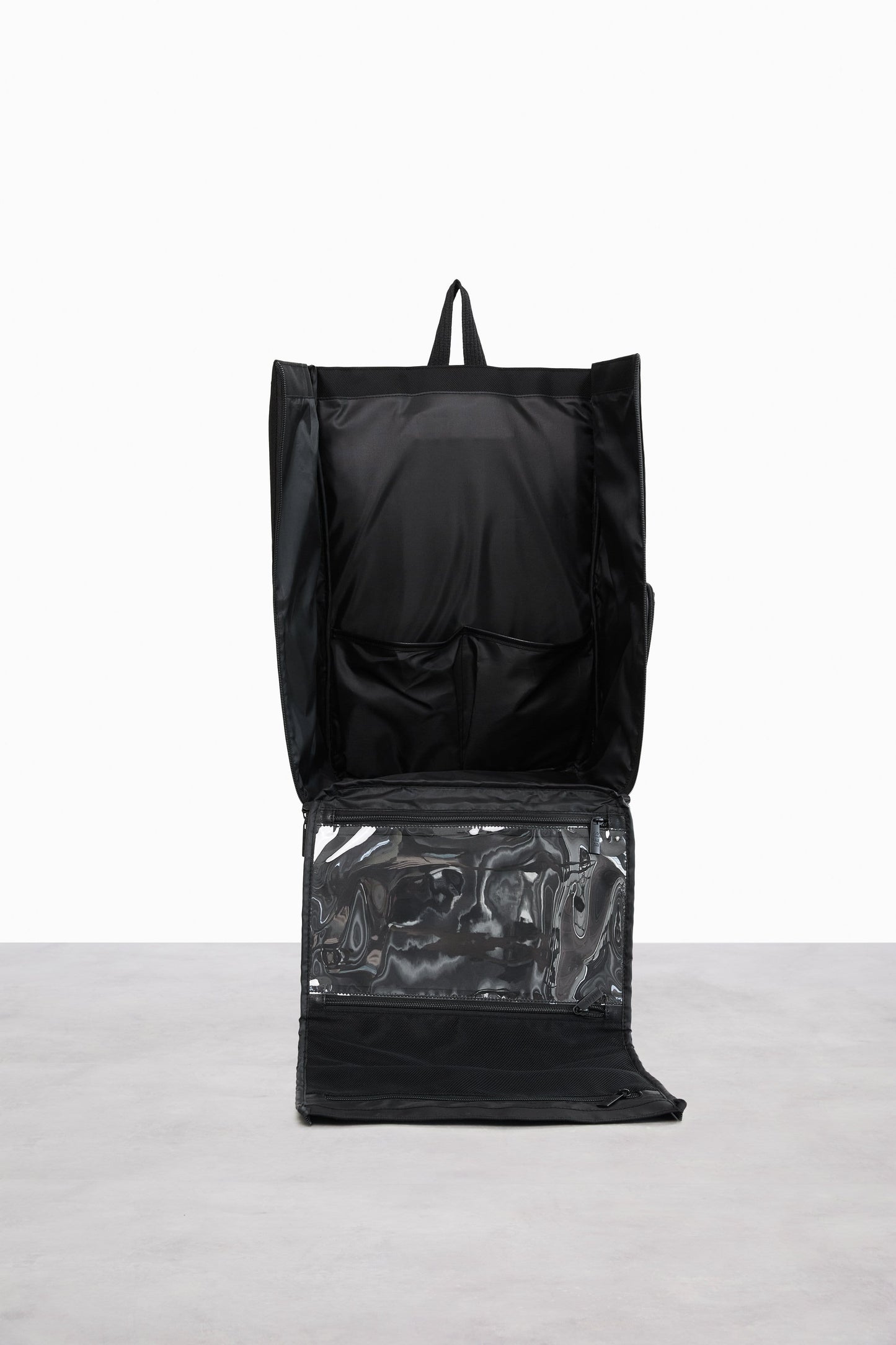 Hanging Backpack in Black Open Zipper Storage