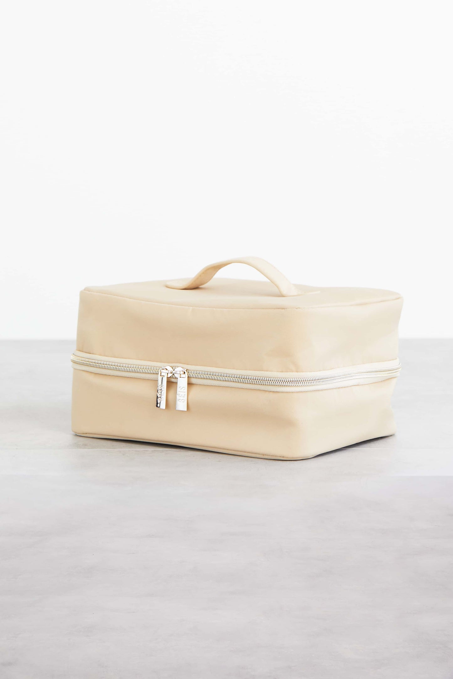 Hanging Cosmetic Case Beige Front and Side Angle