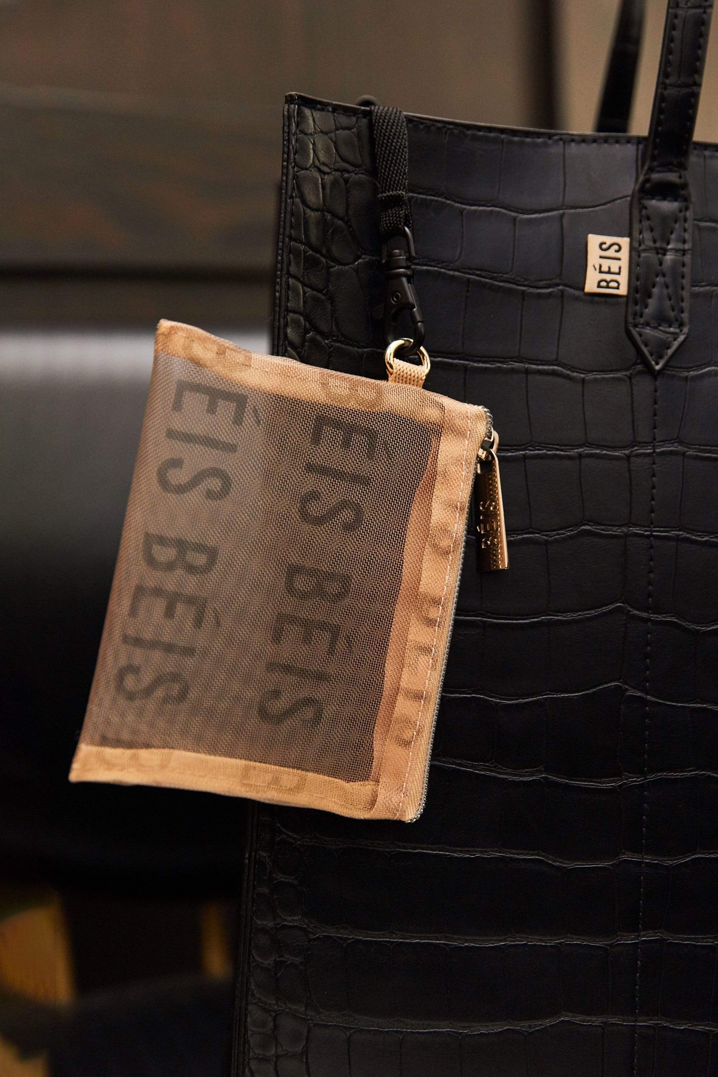 BEIS by Shay Mitchell | The Mesh Pouch Trio in Beige (with work tote)