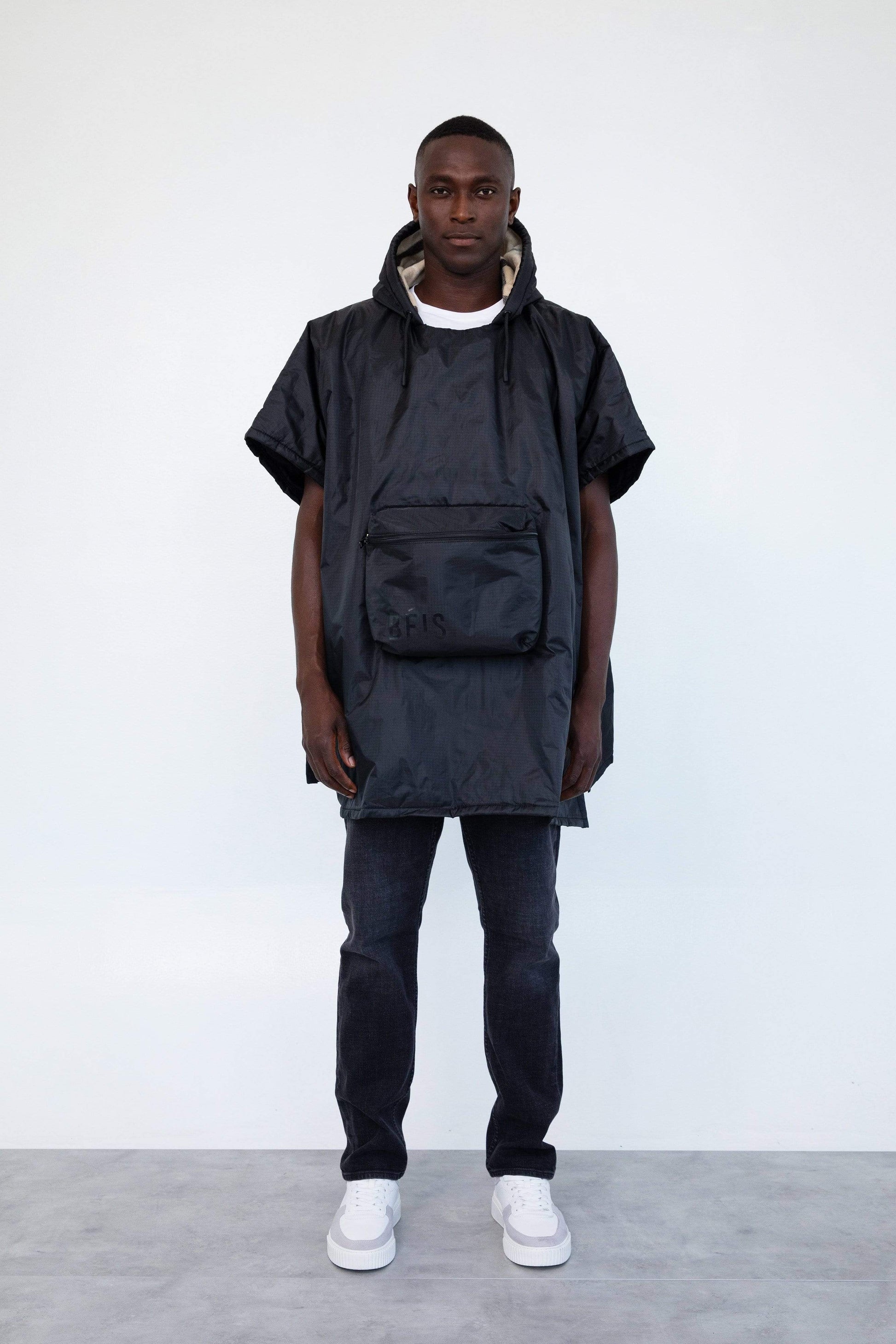 Packable Poncho Black Front Model Unisex