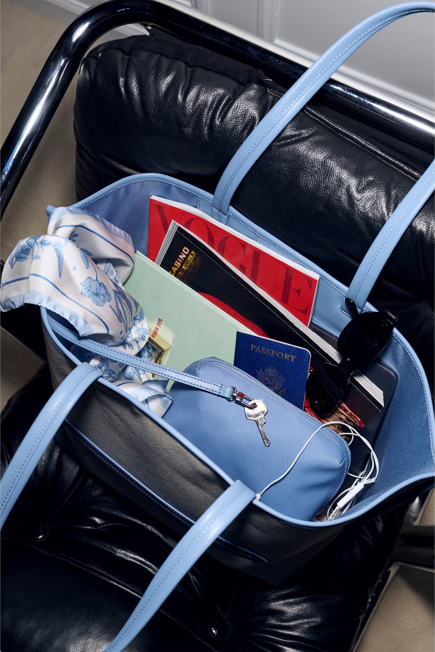 The Canvas and Leather Tote in Dusty Blue