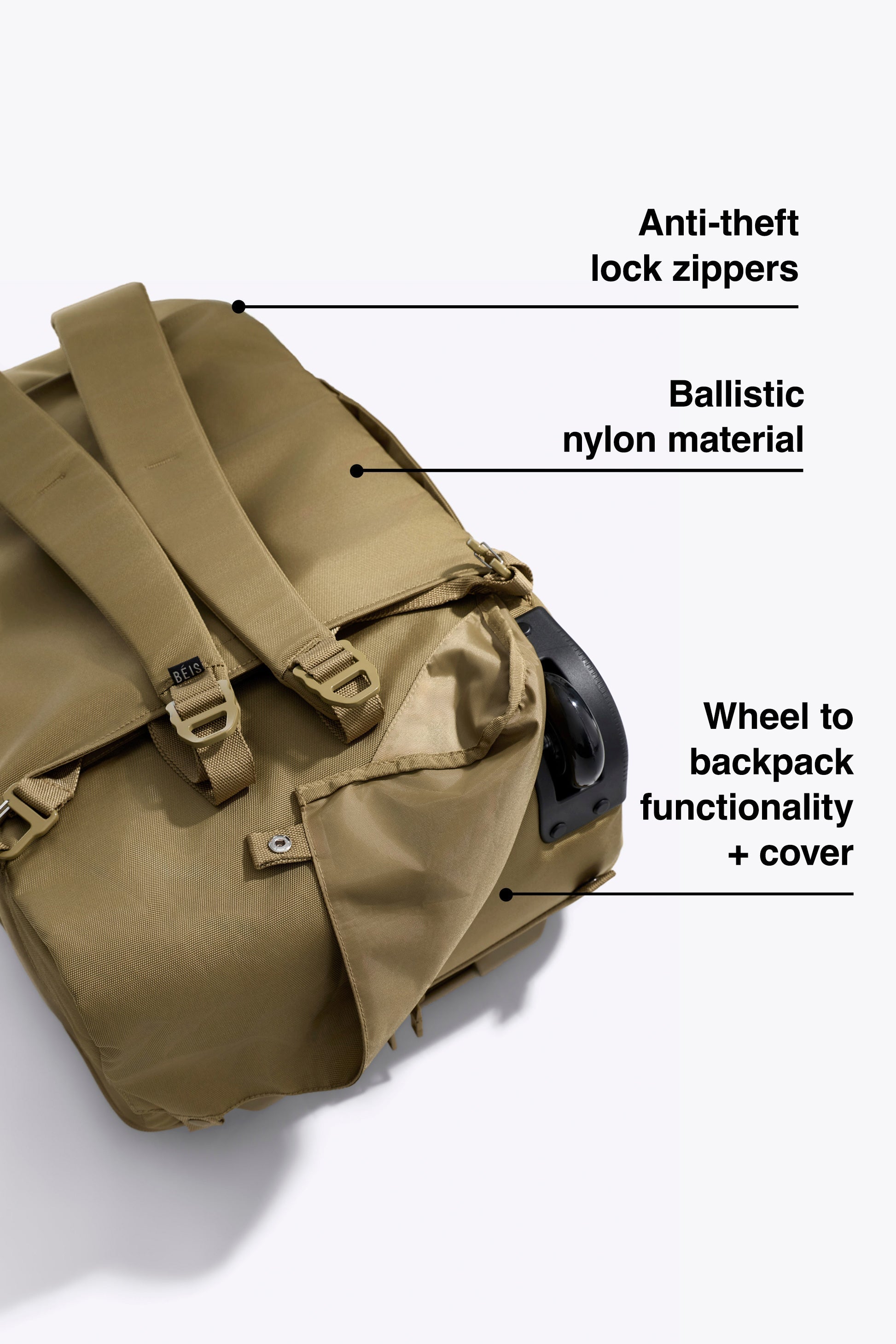 anti theft travel backpack uk BÉIS 'The Pro Rolling Backpack' in Khaki