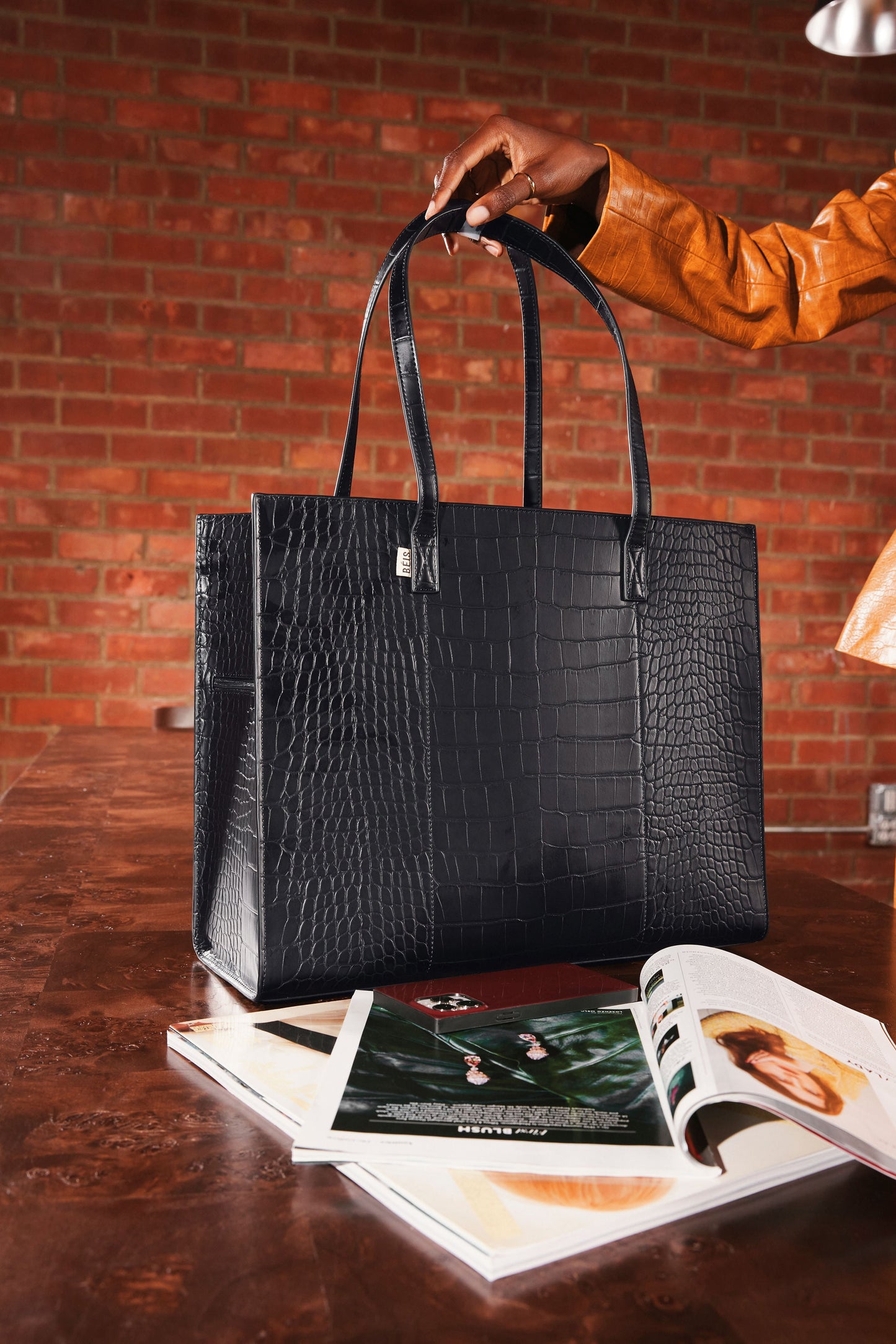 The Large Work Tote in Black Croc