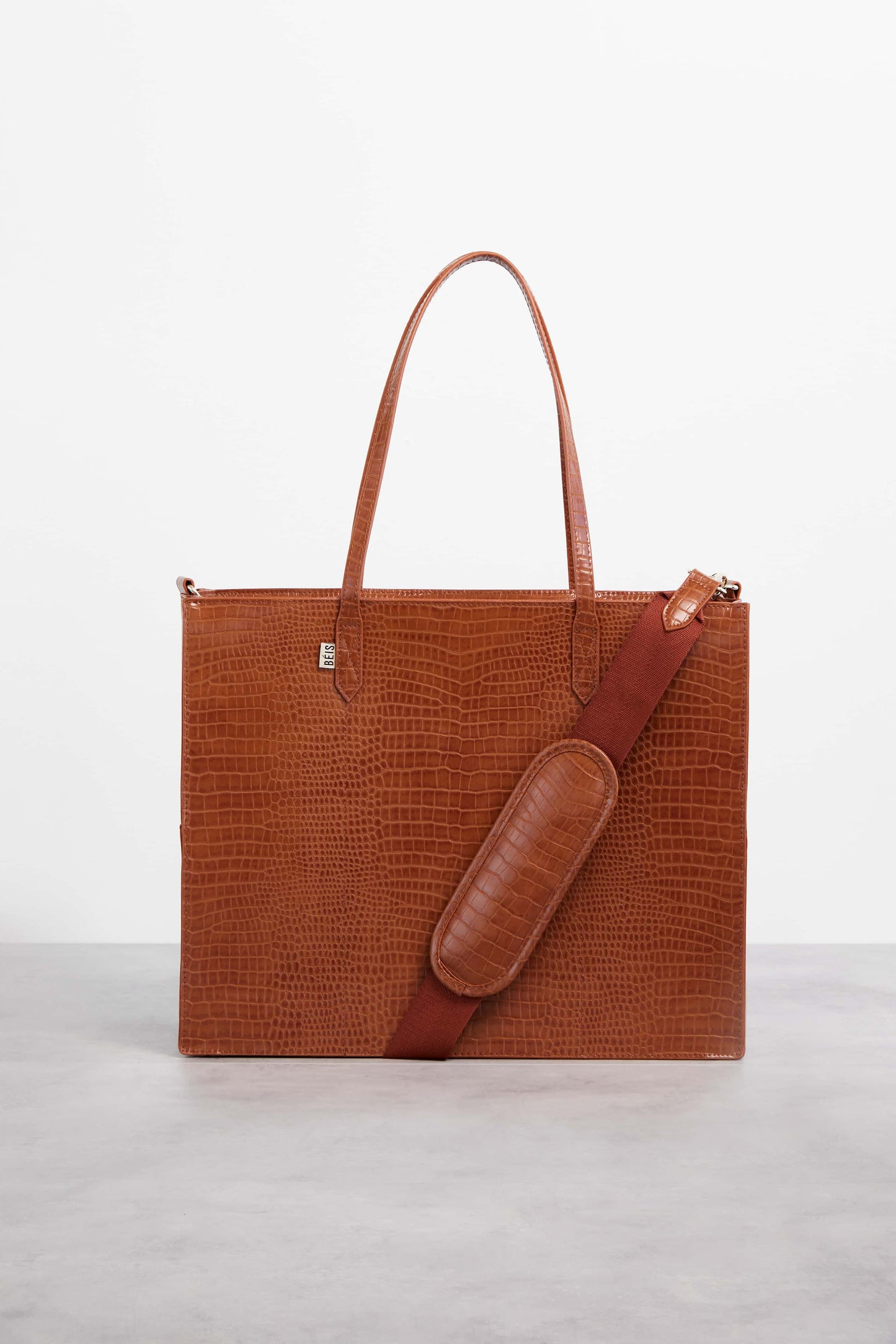 Work Tote Cognac Croc Front with Shoulder Strap