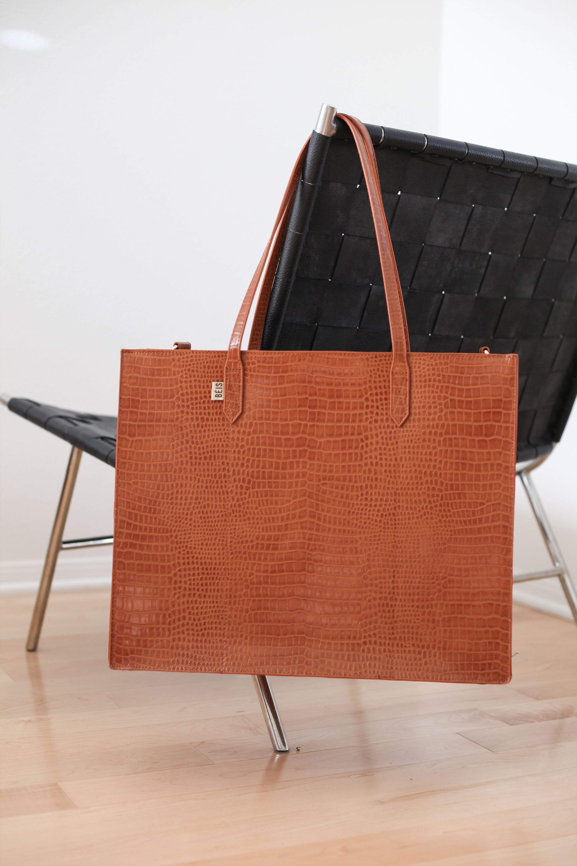 Work Tote Cognac Croc Front Hanging on Chair
