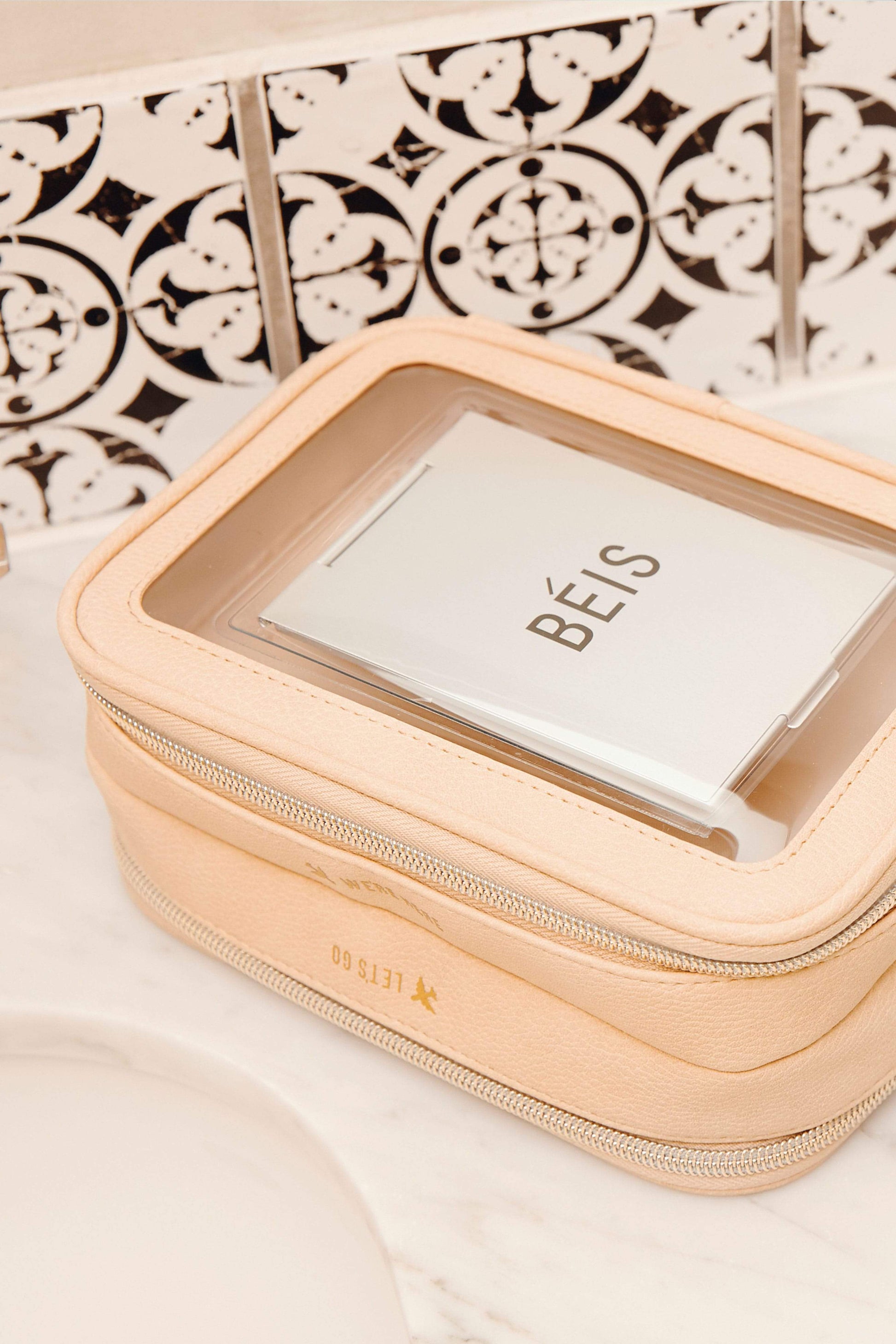 BEIS by Shay Mitchell | The On-The-Go Essential case in Beige on bathroom coutnertop