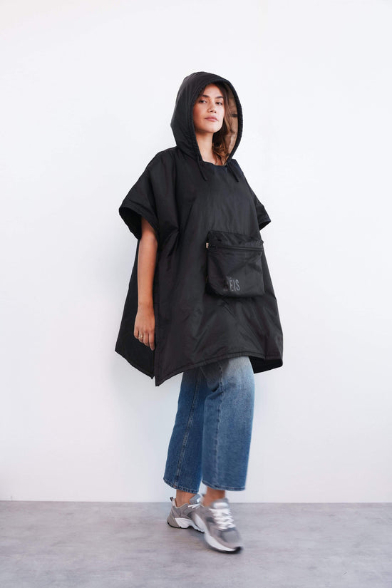 Packable Poncho Black Front Model